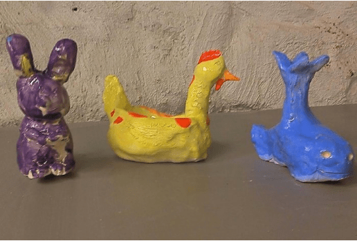 Sculptures made out of ceramics that students made during a summer class. 