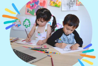 Kids participating in online art class